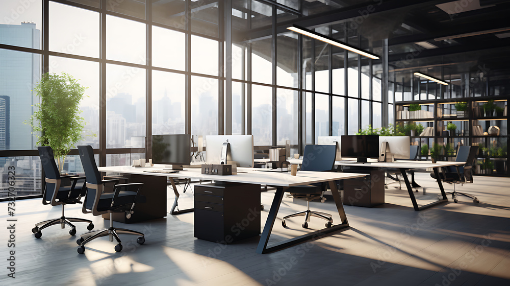 An image of a modern office with ergonomic office chairs, sleek tables, and natural lighting.