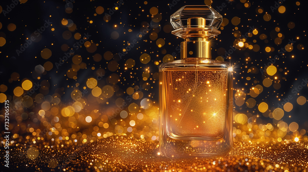 Perfume bottle. The background is black with gold glitter scattered all over it. Perfume bottle. The background is black with gold glitter scattered all over it.
