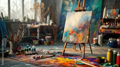 An artist s studio in full creative chaos  paint splattered everywhere  canvases in various stages of completion  vibrant colors clashing and blending. Resplendent.