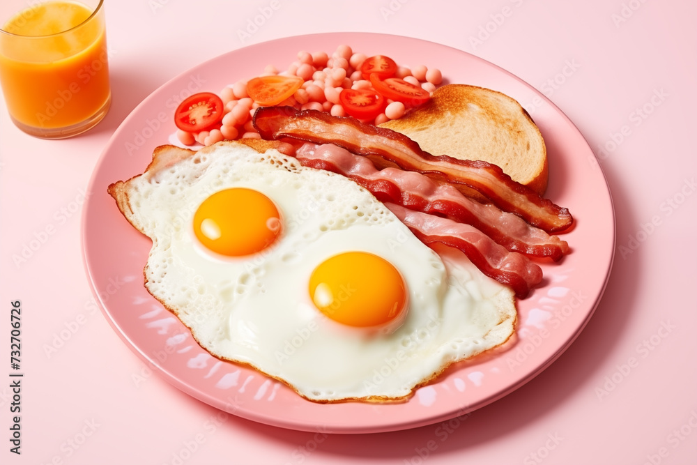 A plate of delicious English breakfast with scrambled eggs and bacon on a pink tablecloth. Food photography in pop art style. A plate of delicious English breakfast with scrambled eggs and bacon on a pink tablecloth. Food photography in pop art style.