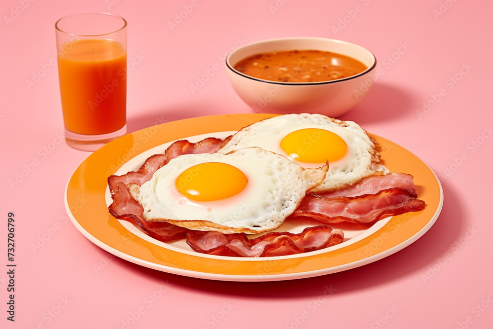 A plate of delicious English breakfast with scrambled eggs and bacon on a pink tablecloth. Food photography in pop art style.
