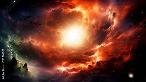 Fiery explosion in space, computer generated abstract background. Red and orange nebula with stars and galaxies. Generative AI technology.