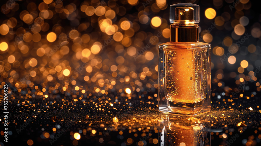 Perfume bottle. The background is black with gold glitter scattered all over it. Perfume bottle. The background is black with gold glitter scattered all over it.