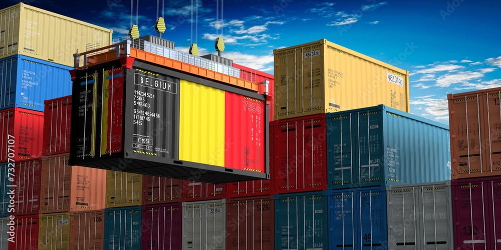 Fototapeta premium Freight shipping container with flag of Belgium on crane hook - 3D illustration