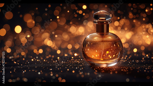 Perfume bottle. The background is black with gold glitter scattered all over it.