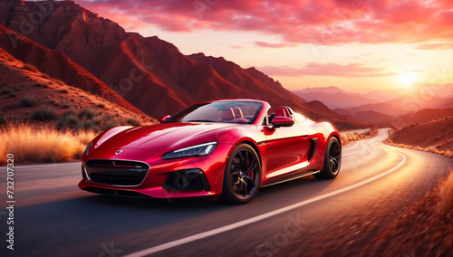 A red sports car in the mountains photo