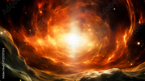 Fiery explosion in space, computer generated abstract background. Red and orange nebula with stars and galaxies. Generative AI technology.