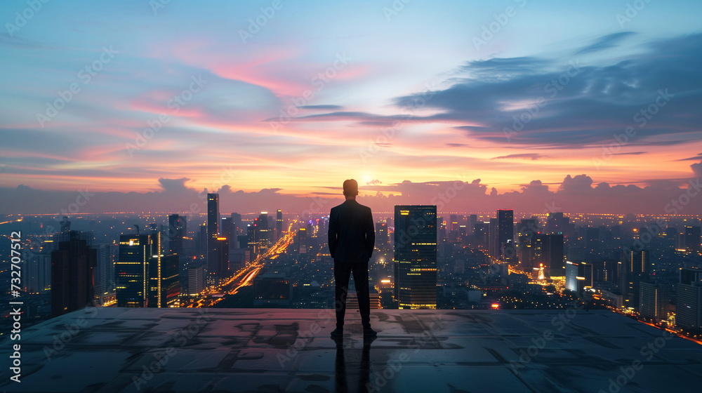 Fototapeta premium Silhouetted figure stands contemplating the sprawling city lights and sunset skyline..