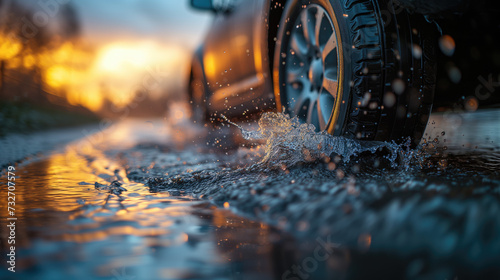 Close-up of car tires and splashing water on wet in the rain.