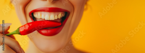 gros plan sur une bouche de femme qui croque un piment rouge entre ses dents - fond jaune