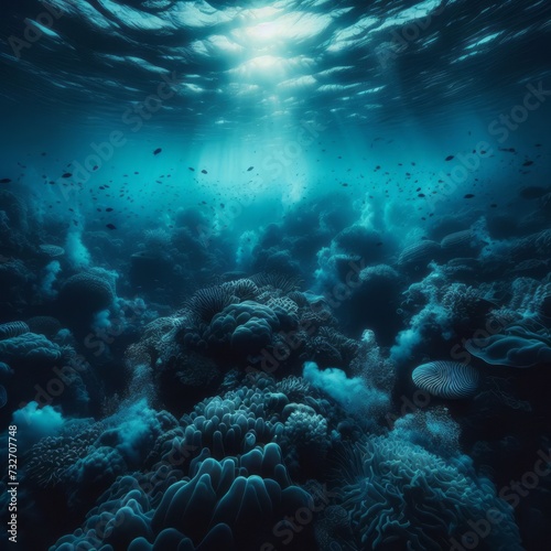 Serene underwater view of a coral reef bathed in sunlight filtering through ocean water. 