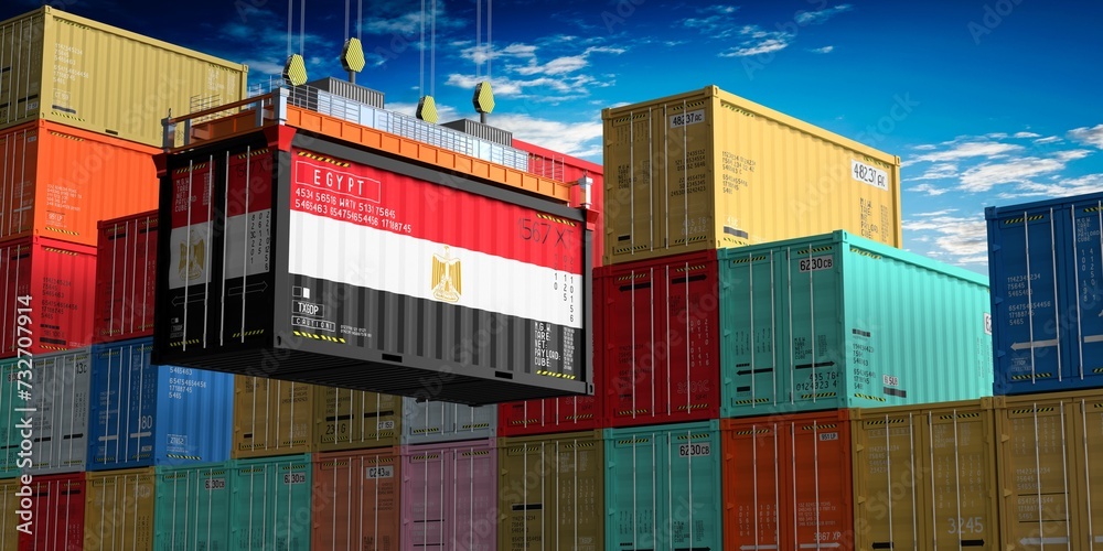 Fototapeta premium Freight shipping container with flag of Egypt on crane hook - 3D illustration