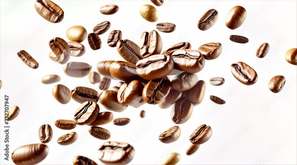 A bunch of coffee beans falling into the air white background, Generative AI A bunch of coffee beans falling into the air white background, Generative AI
