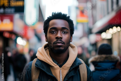 Black lives matter, black man in the street on background. © Eva Corbella