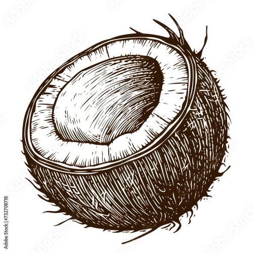 Coconut, woodcut, old vintage style, hand drawn simple graphics, isolated on white background