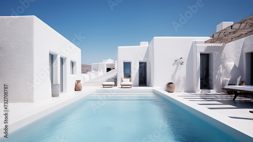 Hotel pool in the sunny day with blue water and white buildings. Resort architecture with swimming pool