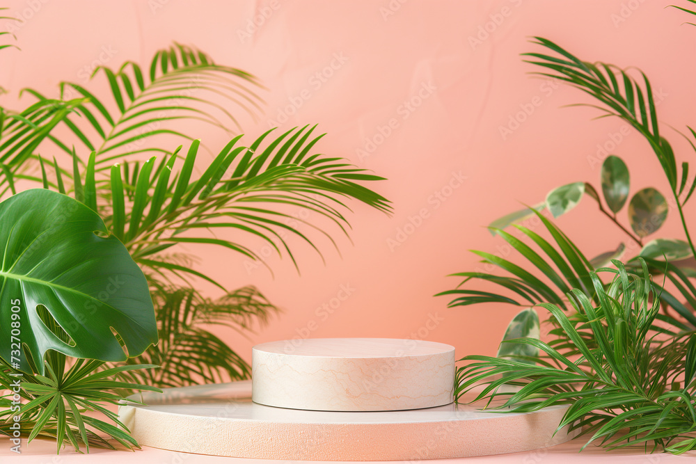 empty podium for cosmetics presentation with natural elements and empty space in the middle with peach coloured background (2)