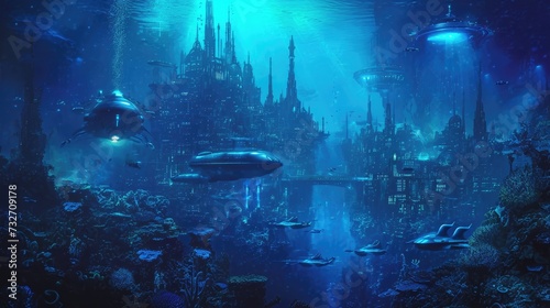 An underwater city with bioluminescent coral, schools of colorful fish, and ancient ruins, all illuminated by the eerie glow of an underwater volcano. Resplendent. © Summit Art Creations