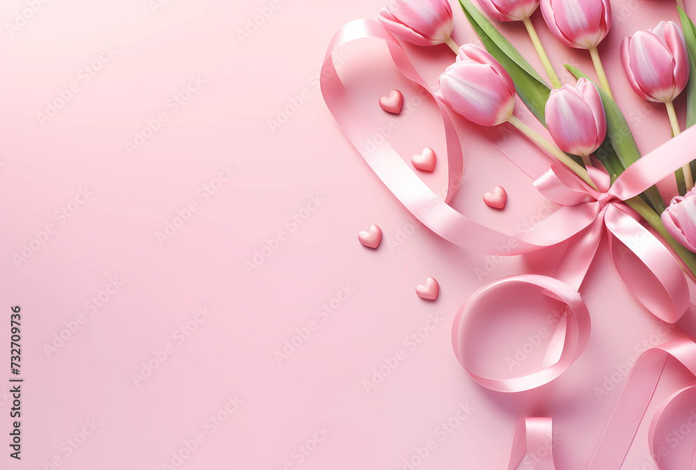 Floral background of pink tulips on a pink background. With hearts and ribbons. Classic tulip. Retro, vintage style. Love and romantic concept. Valentine's Day. Mothers Day. Flat lay, top view