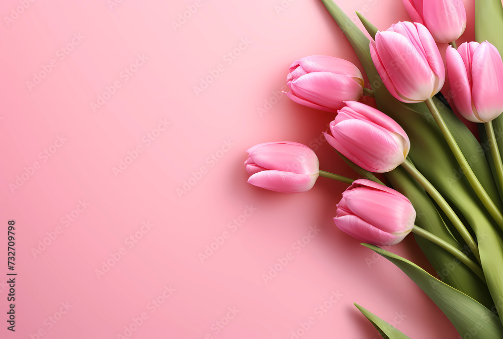 Floral background of pink tulips on a pink background. Classic tulip. Retro, vintage style. Love and romantic concept. Valentine's Day. Mothers Day. Flat lay, top view