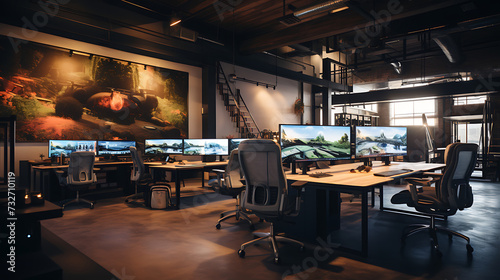 A tech-focused office with dual-monitor setups, gaming chairs, and a central command desk for team collaboration.