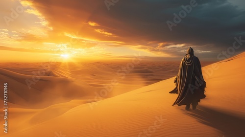 Silhouette of a Muslim woman in the desert at sunset. Lone figure  cloaked in desert robes and a distinctive helmet  traversing a vast dune landscape with a sunsetting behind.