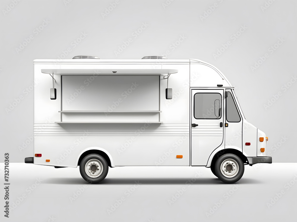 White street food truck template blank mockup for Brand Identity design. Cargo truck. Realistic Delivery Service Vehicle isolated on a white background for Advertising design