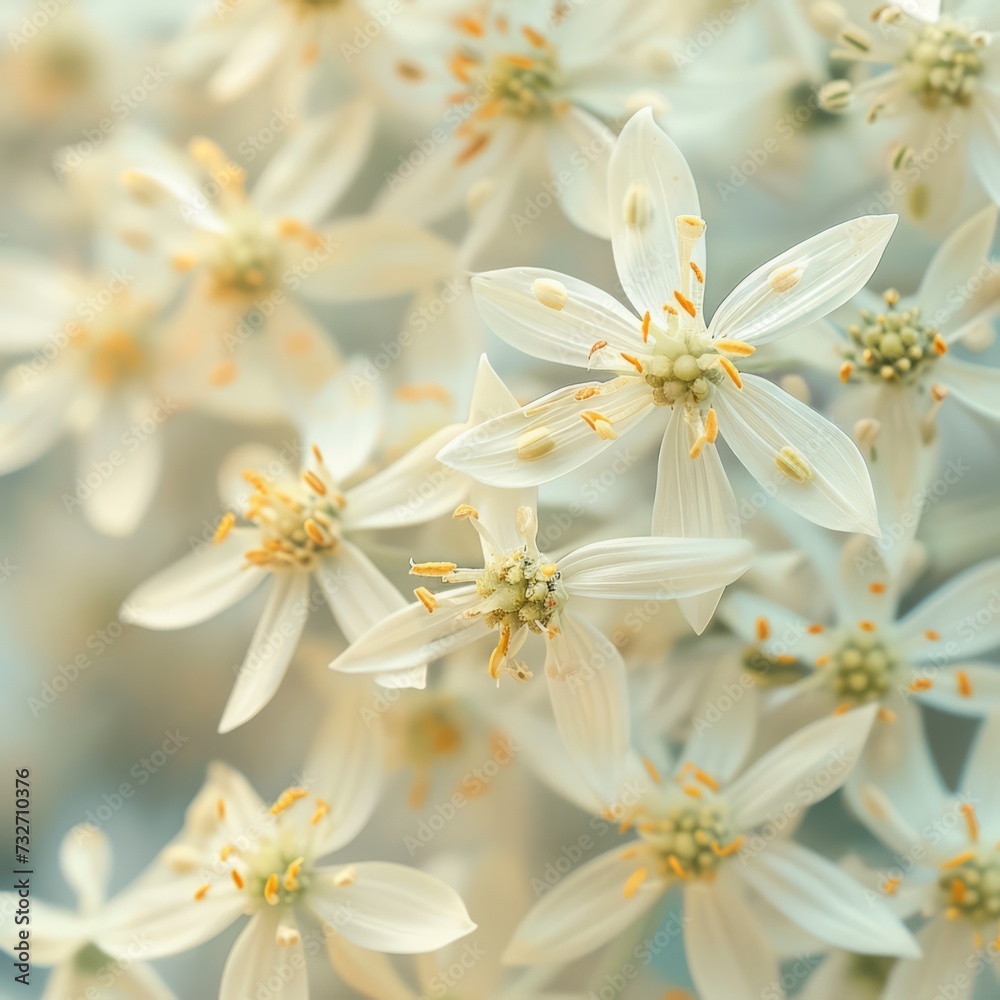 Anise flowers in full bloom, showcasing the delicate white petals and vibrant yellow centers. The soft natural light enhances the details, creating a visually appealing