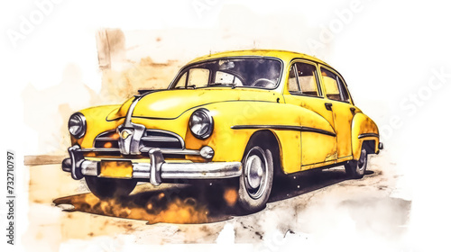 A nostalgic watercolor sketch of a retro car with yellow gray lines