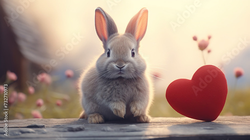 Cute fluffy rabbit hugging red heart. Valentine's Day greetings from romantic bunny holding heart. ,.