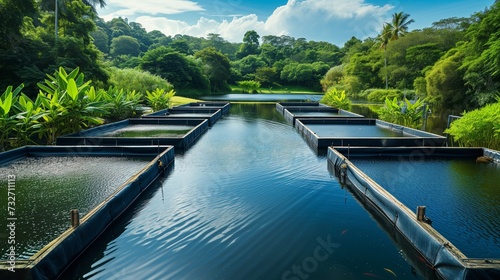 Aquaculture Farm modern aquaculture farm with rows of fish tanks or ponds, surrounded by lush greenery, highlighting sustainable fish farming practices photo