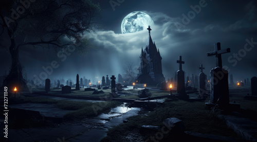 Full Moon over a dark mysterious cemetery. Crosses and graves at night in the moonlight photo