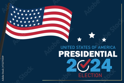 United States of America 2024 Presidential Election day. Promo banner for 2024 presidential election. Template Vote 2024 in USA, banner design. Political election campaign.