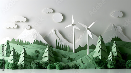 Papercut Windmills green and white colors, renewable energy, ecologically sustainable, environment friendly. Generative AI photo
