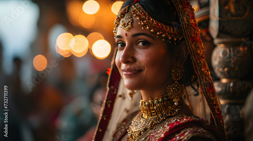 A resplendent Indian bride dons traditional attire, her allure enhanced by the regality of gold jewelry. Generative AI photo