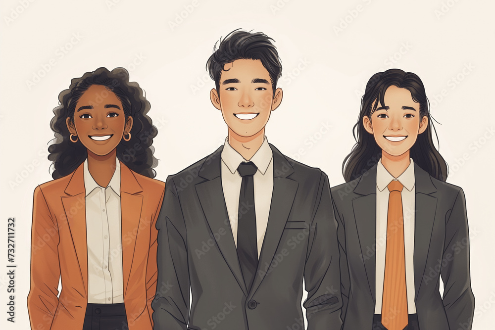 Illustration of Three Diversity Happy Business People on Isolated Background Smiling at Camera. DEI Business Concept Illustration of Three Diversity Happy Business People on Isolated Background Smiling at Camera. DEI Business Concept