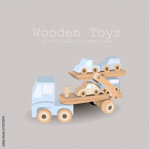 Wooden car transporter car in blue color for a minimalist interior