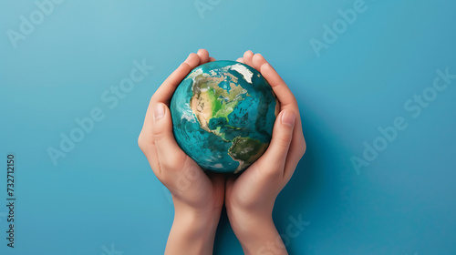 Two hands cradle a miniature Earth against a vivid blue background, symbolizing care and responsibility for our planet