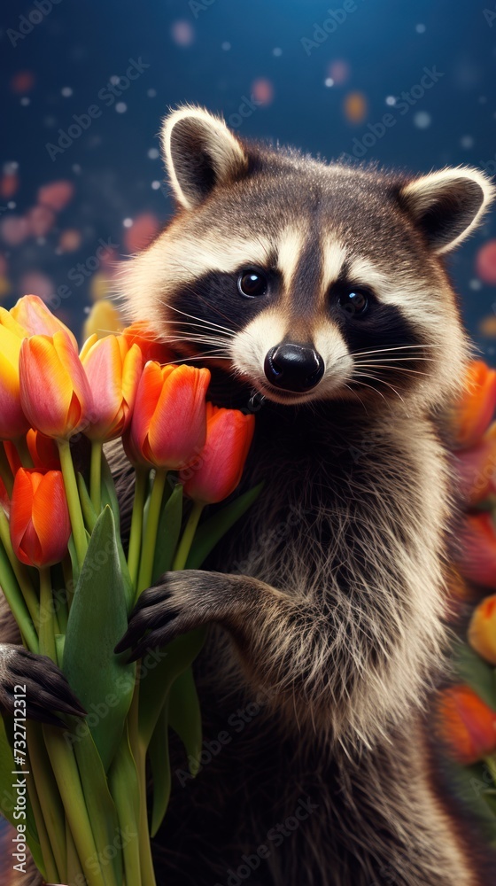 Obraz premium A raccoon holds a bouquet of red and orange tulips in its paws. The background is dark with stars. Concept: Valentine's Day.