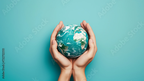 Two hands cradle a miniature Earth against a vivid blue background  symbolizing care and responsibility for our planet