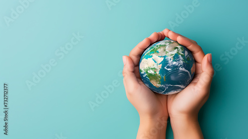 Two hands cradle a miniature Earth against a vivid blue background, symbolizing care and responsibility for our planet