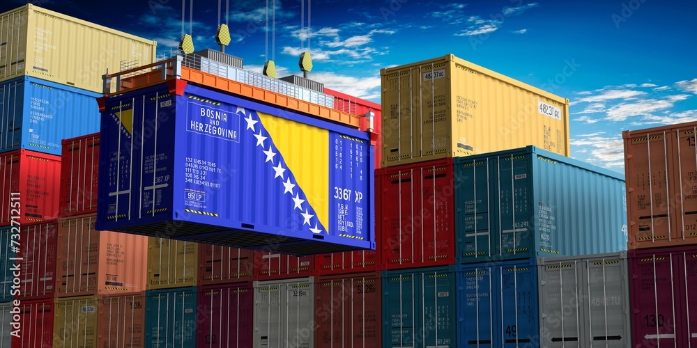 Fototapeta premium Freight shipping container with flag of Bosnia and Herzegovina on crane hook - 3D illustration