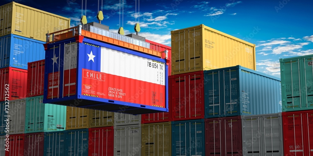 Fototapeta premium Freight shipping container with flag of Chile on crane hook - 3D illustration