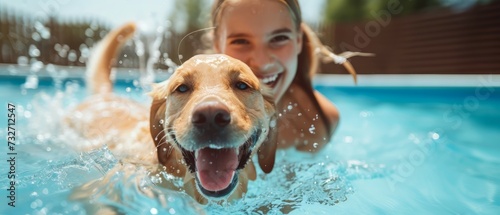 A young girl and her dog share a tender moment in the sparkling blue waters of the swimming pool. Happy child with his pet dog in a swimming pool. Generative ai