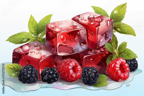 raspberry and blackberry, Berries frozen in ice cubes with a hint of mint. A refreshing and visually appealing composition that captures the essence of frozen berries encased in ice cubes, beautifully