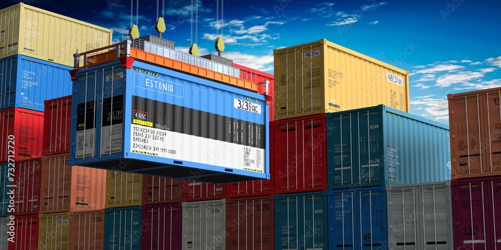 Fototapeta premium Freight shipping container with flag of Estonia on crane hook - 3D illustration