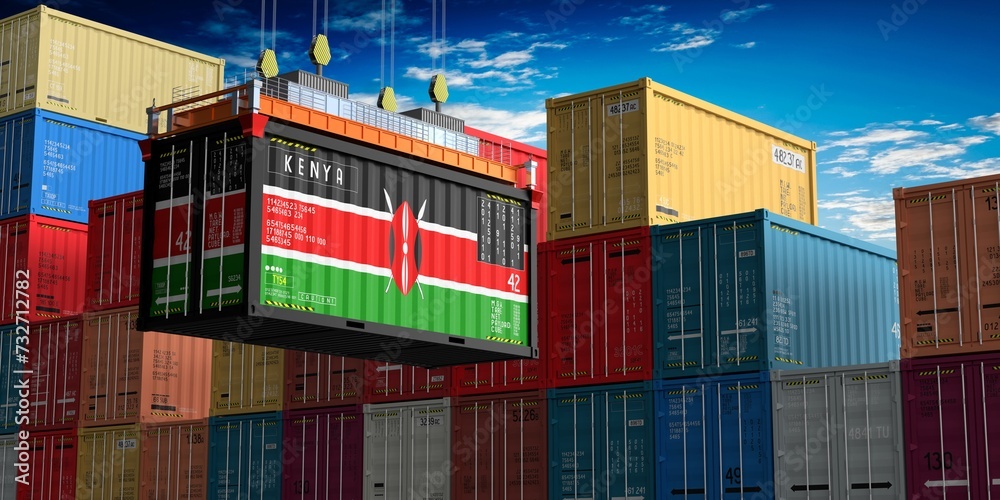 Fototapeta premium Freight shipping container with flag of Kenya on crane hook - 3D illustration