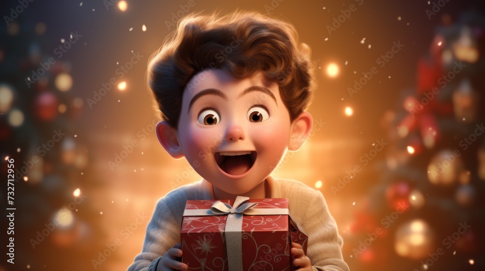 A cartoon boy is holding a red gift box with a gold bow. He has short brown hair and wide eyes. The background is orange with lights. A cartoon boy is holding a red gift box with a gold bow. He has short brown hair and wide eyes. The background is orange with lights.
