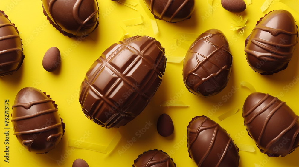 Fototapeta premium A colorful array of chocolate eggs adorned with festive ribbons and bows, nestled together in a vibrant display, evoking the spirit of Easter celebrations.