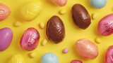 Unwrapped Chocolate Easter Egg Amidst Wrapped Ones Against Yellow Background, Macro Photography